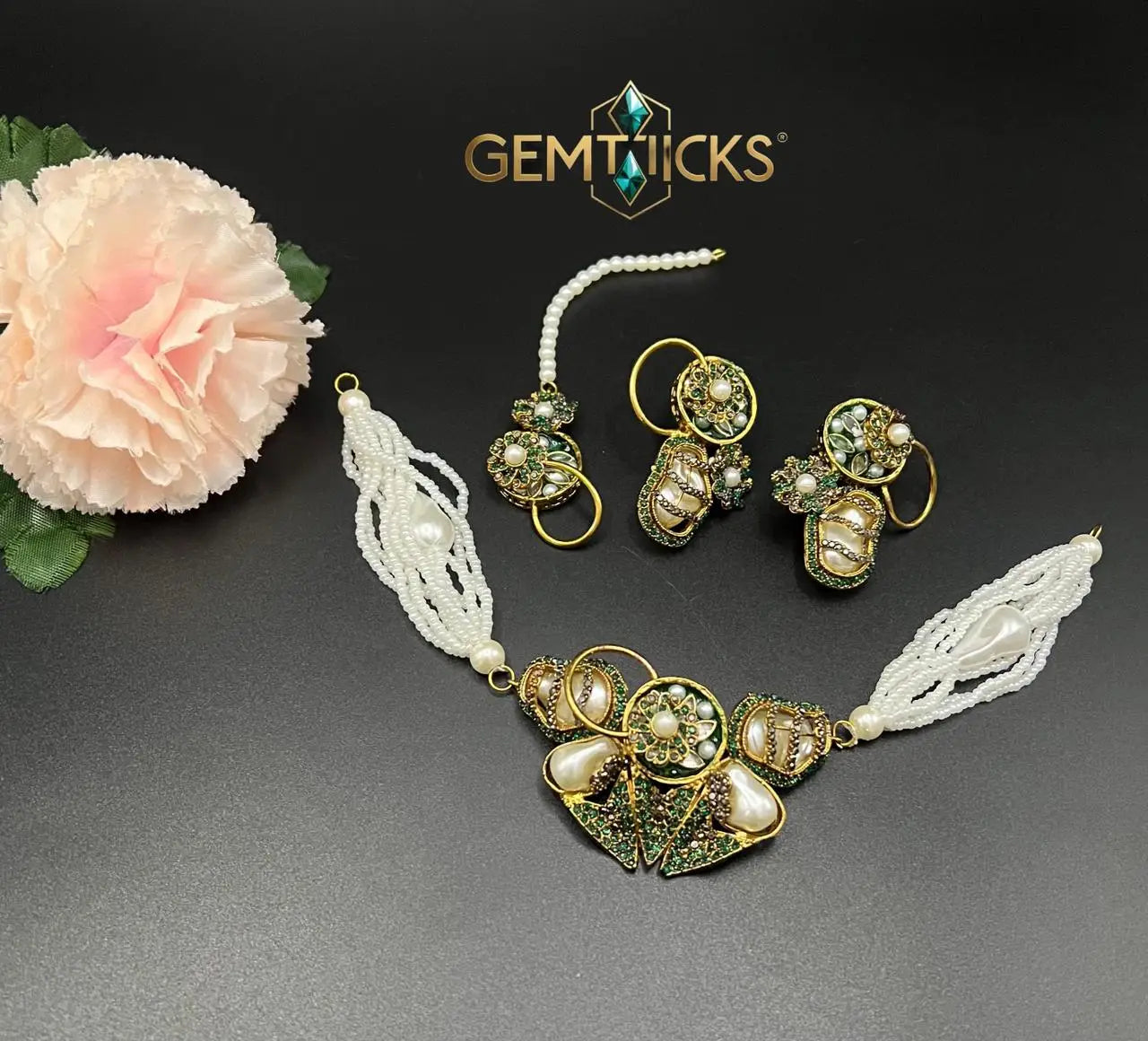 Turkish Chokar Set with Real Stones & Pearl Beads – Designer Antique Gold Plated Necklace with Matching Earrings & Tikka