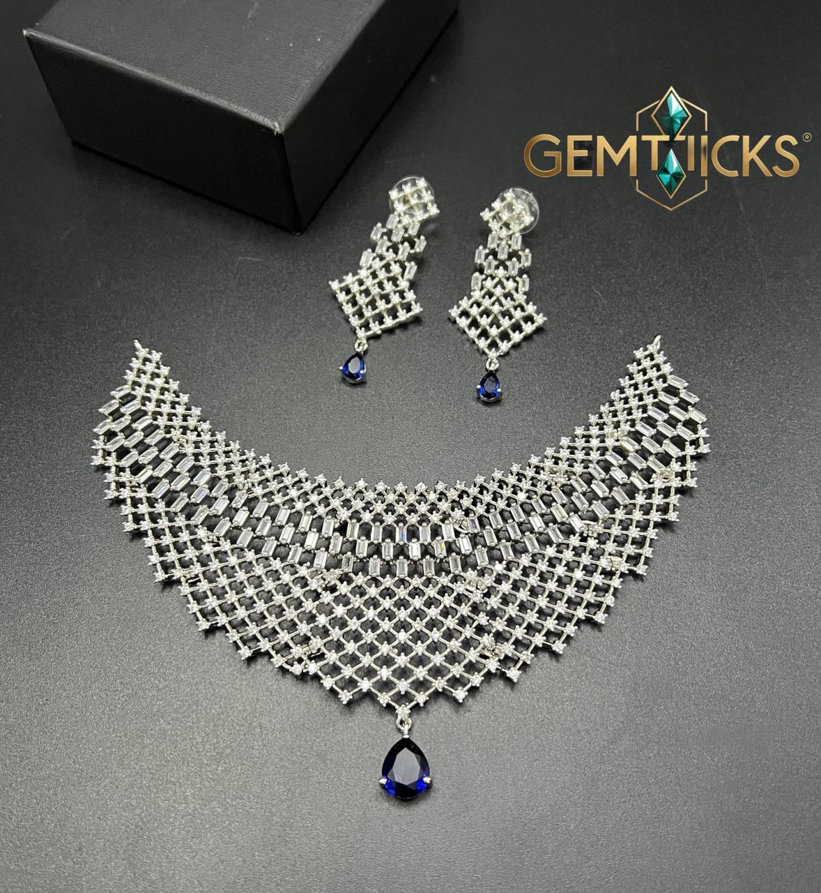 Royal Blue American Diamond Choker Set for Weddings - Gemticks
