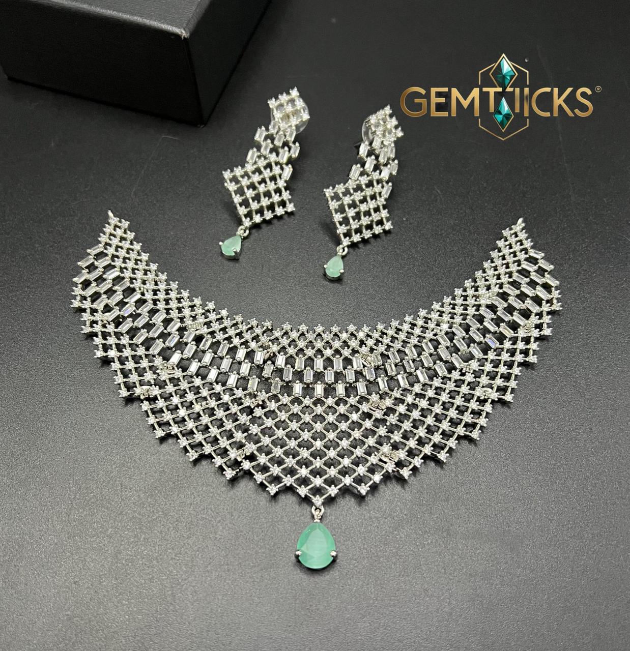 Mint Green Luxury Zircon Necklace Set for Nikah - Gemticks