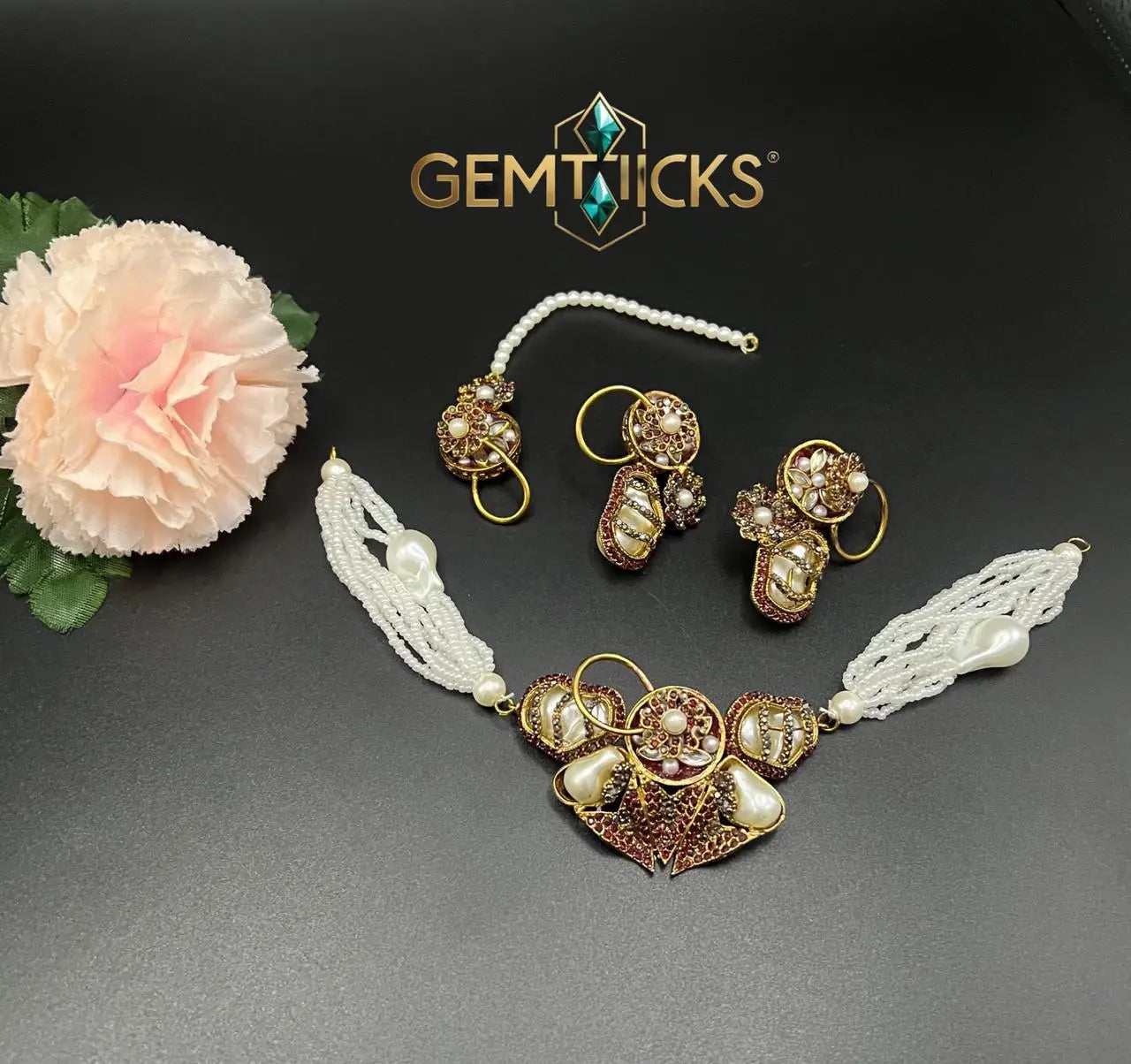 Turkish Chokar Set with Real Stones & Pearl Beads – Designer Antique Gold Plated Necklace with Matching Earrings & Tikka