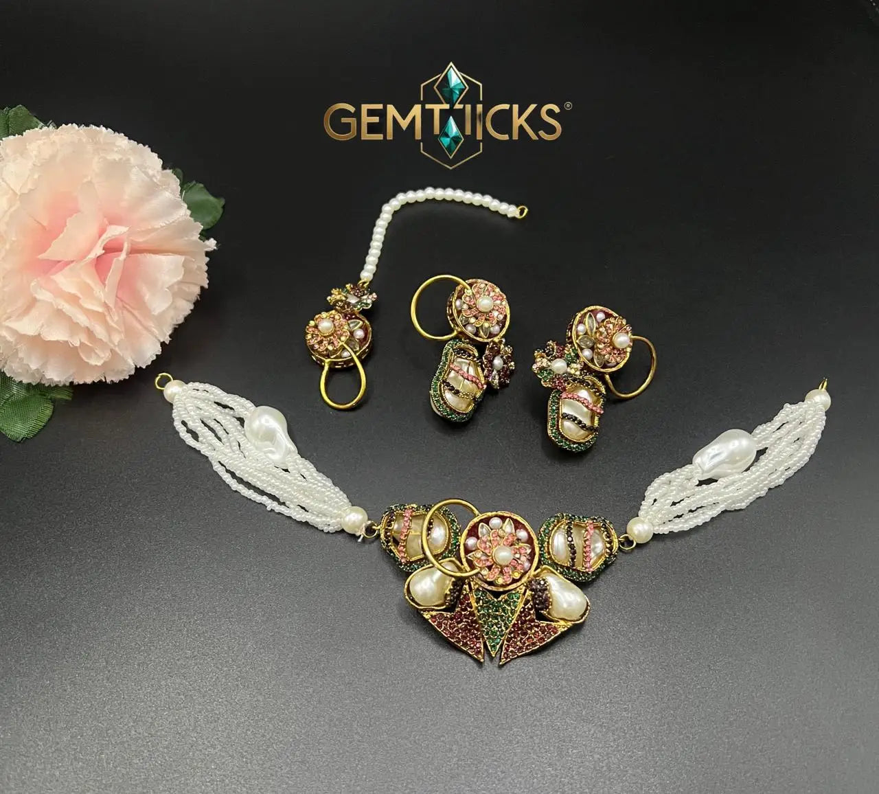 Turkish Chokar Set with Real Stones & Pearl Beads – Designer Antique Gold Plated Necklace with Matching Earrings & Tikka