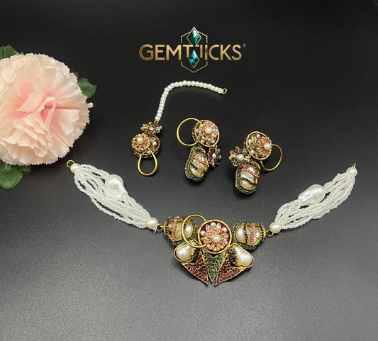 Turkish Chokar Set with Real Stones & Pearl Beads – Designer Antique Gold Plated Necklace with Matching Earrings & Tikka